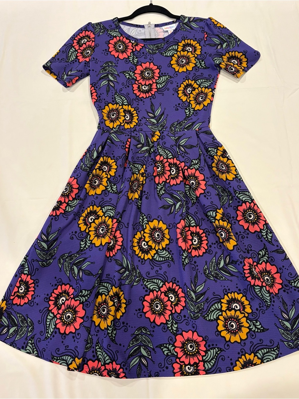 LuLaRoe Purple Floral Midi Dress with Pink and Yellow Blooms